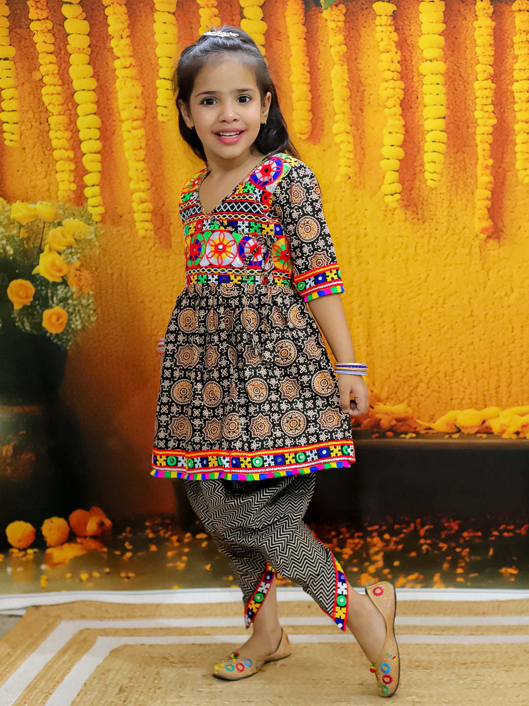BownBee  Embroidered Printed Cotton Top with Cotton Dhoti for Girls