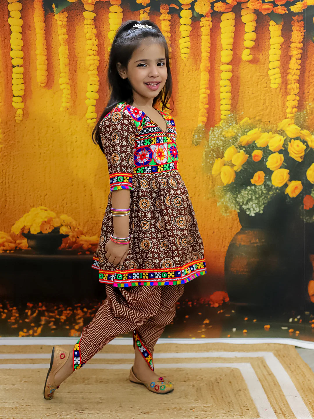 BownBee  Embroidered Printed Cotton Top with Cotton Dhoti for Girls