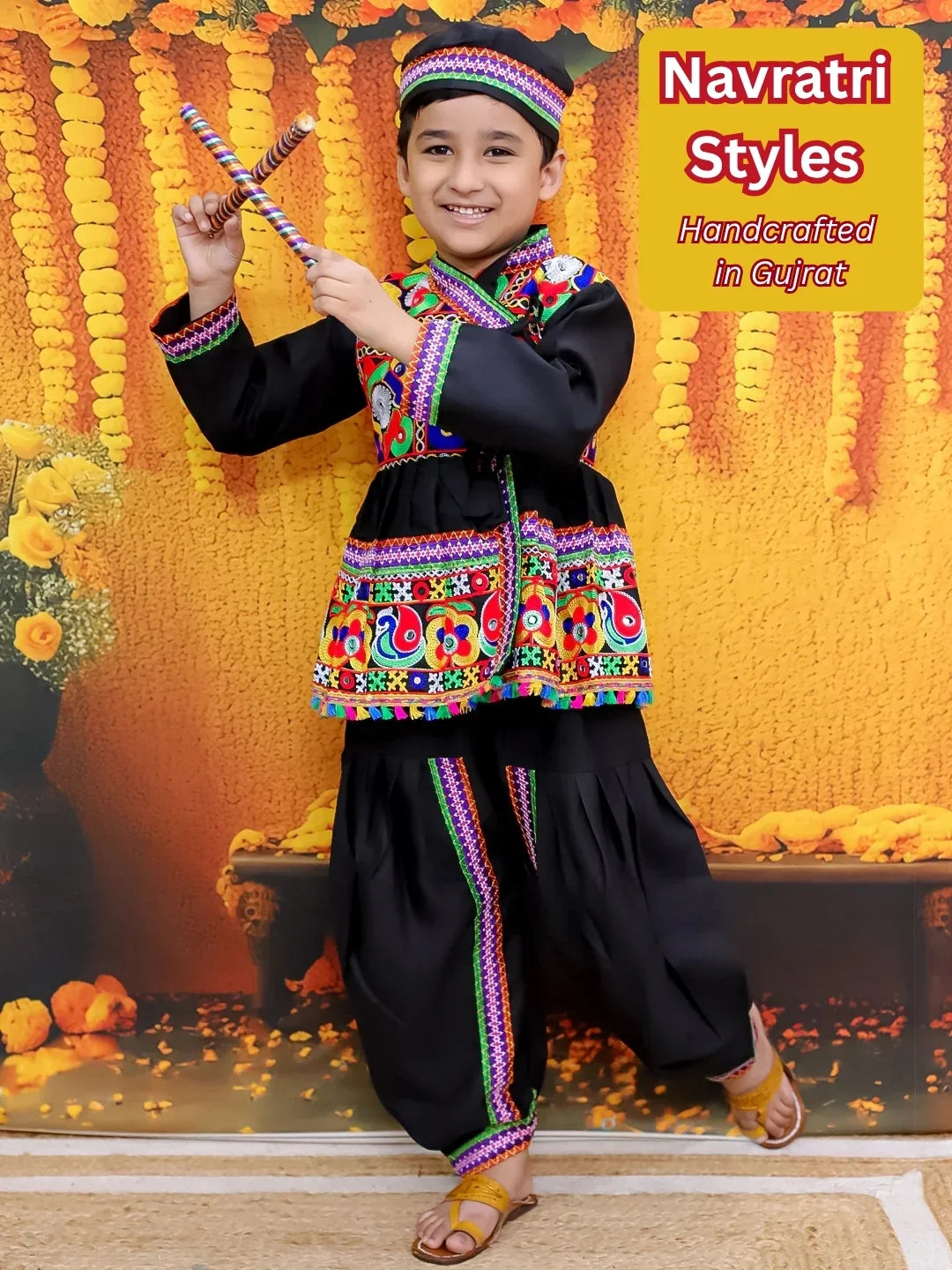 BowBee Embroidered kediya with Dhoti and Cap for Boys