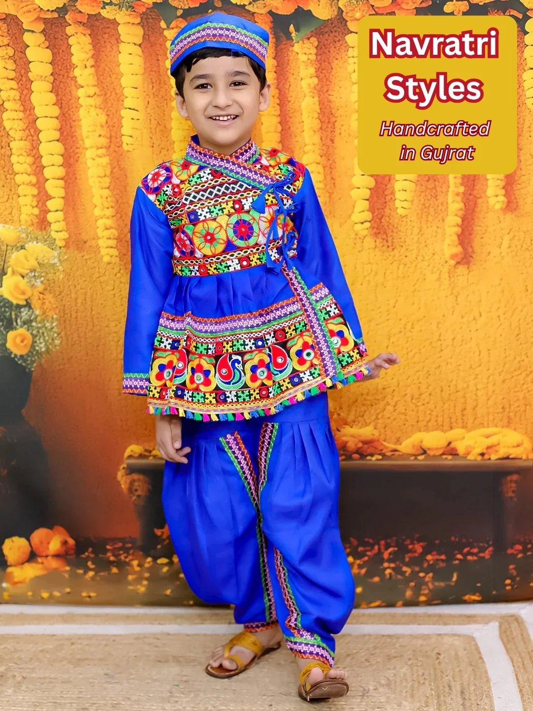 BownBee Embroidered kediya with Dhoti and Cap for Boys