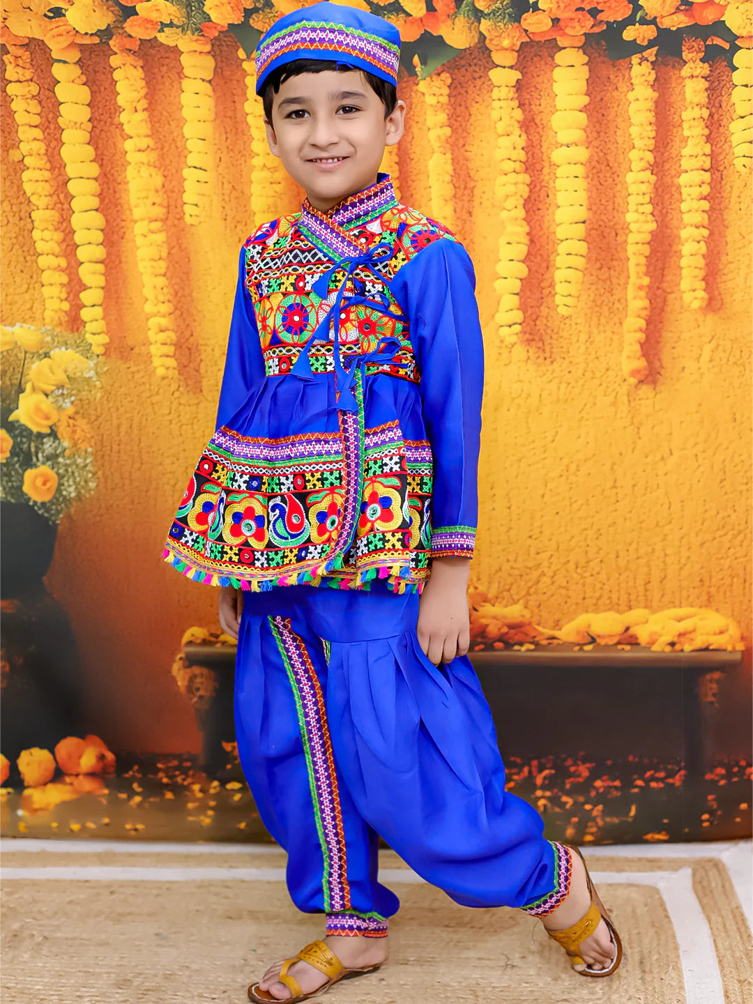 BownBee Embroidered kediya with Dhoti and Cap for Boys