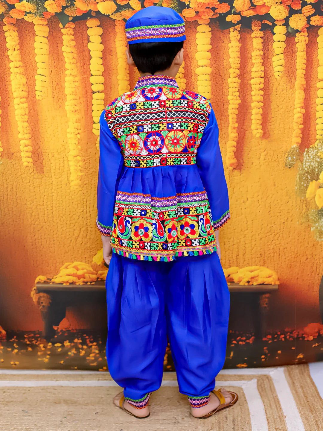 BownBee Embroidered kediya with Dhoti and Cap for Boys
