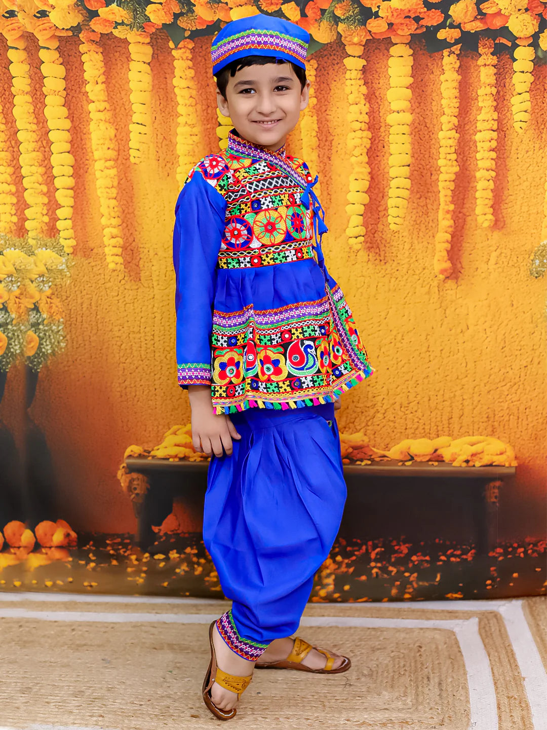 BownBee Embroidered kediya with Dhoti and Cap for Boys