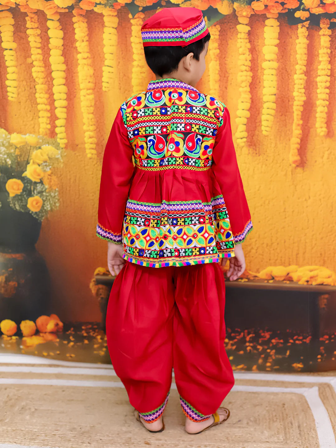 BownBee Embroidered kediya with Dhoti and Cap for Boys