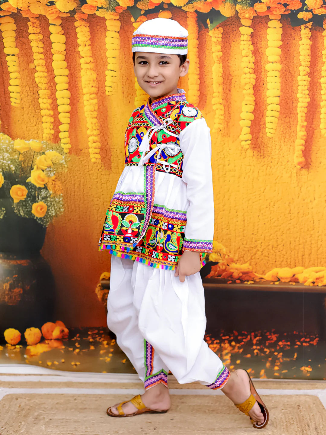 BownBee Embroidered kediya with Dhoti and Cap for Boys