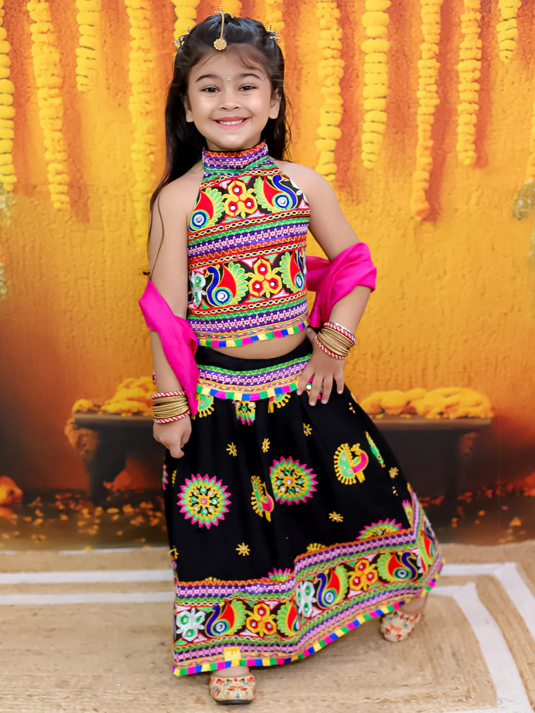 BownBee Embroidered Printed Cotton Chaniya Choli Dupatta  Set For Girls