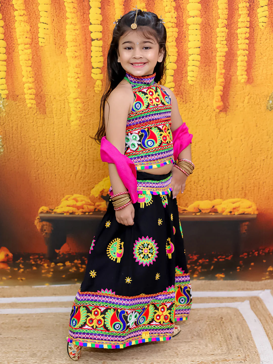 BownBee Embroidered Printed Cotton Chaniya Choli Dupatta  Set For Girls