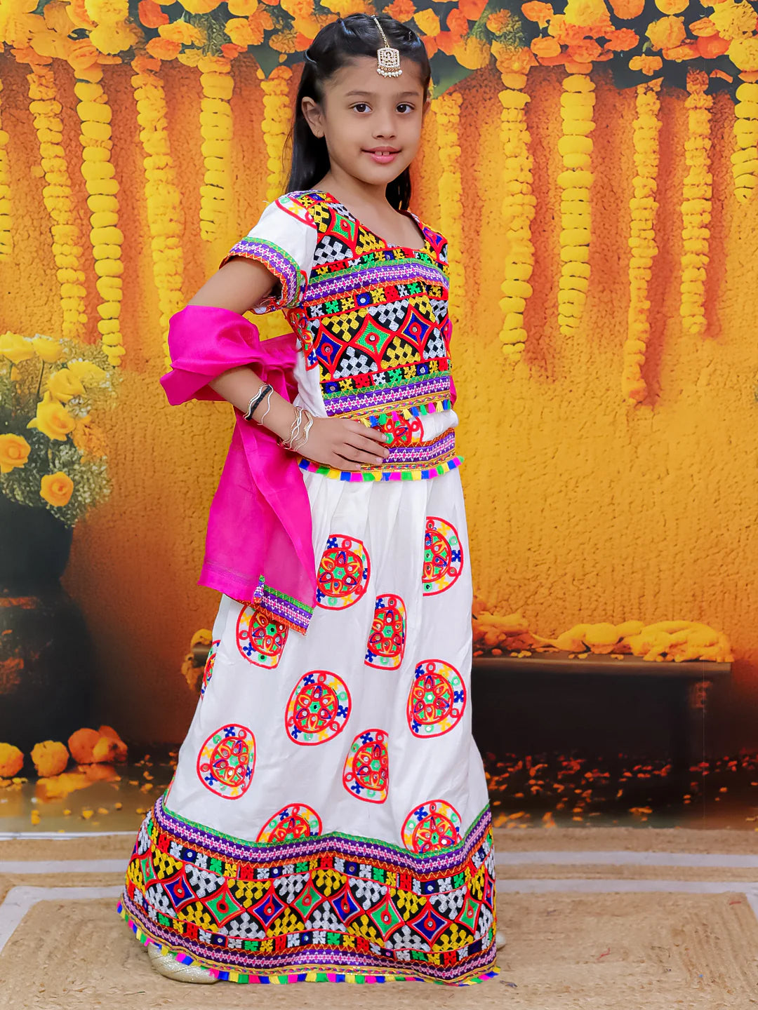 BownBee Embroidered Printed Cotton Chaniya Choli Dupatta  Set For Girls