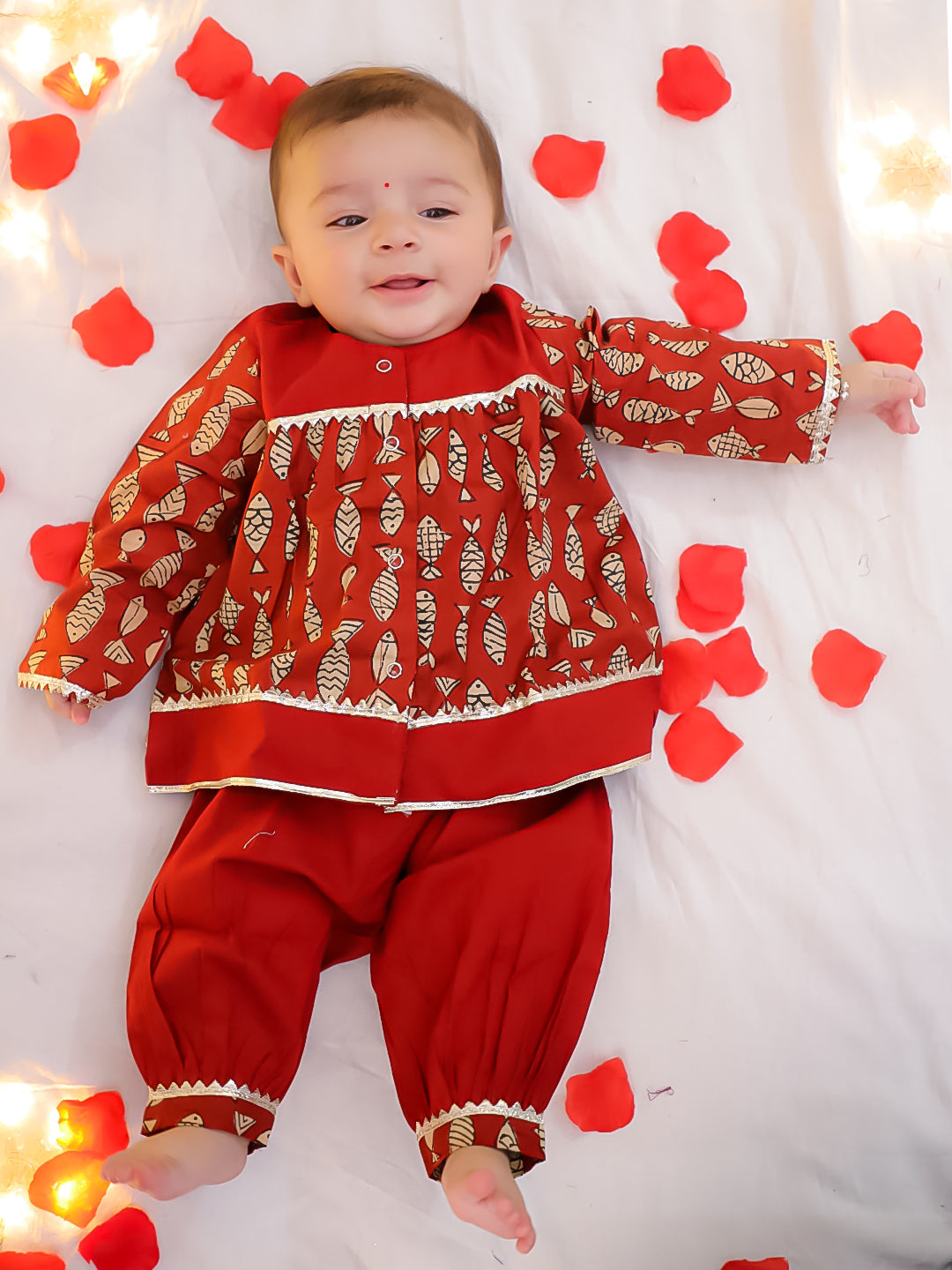 BownBee Festive Full Sleeves  Pure Cotton Suit Set For Infant Girls - Maroon