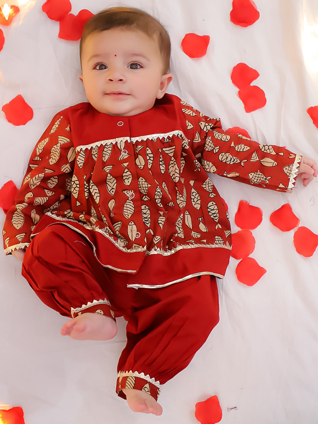 BownBee Festive Full Sleeves  Pure Cotton Suit Set For Infant Girls - Maroon