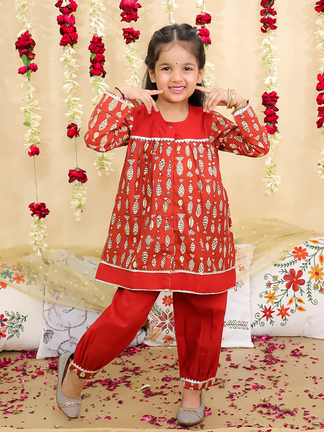 BownBee Festive Full Sleeves  Pure Cotton Suit Set For Girls-Maroon
