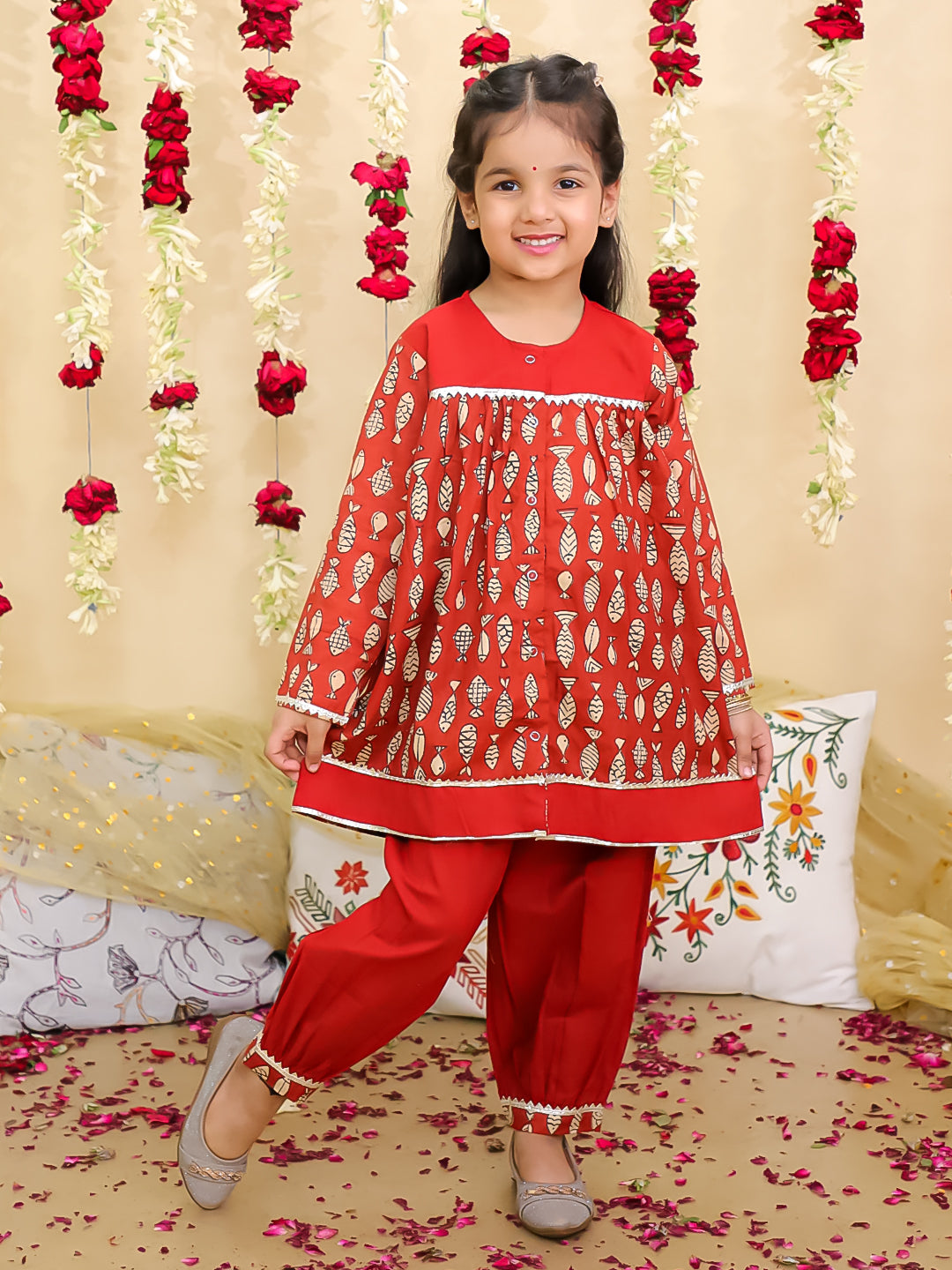 BownBee Festive Full Sleeves  Pure Cotton Suit Set For Girls-Maroon