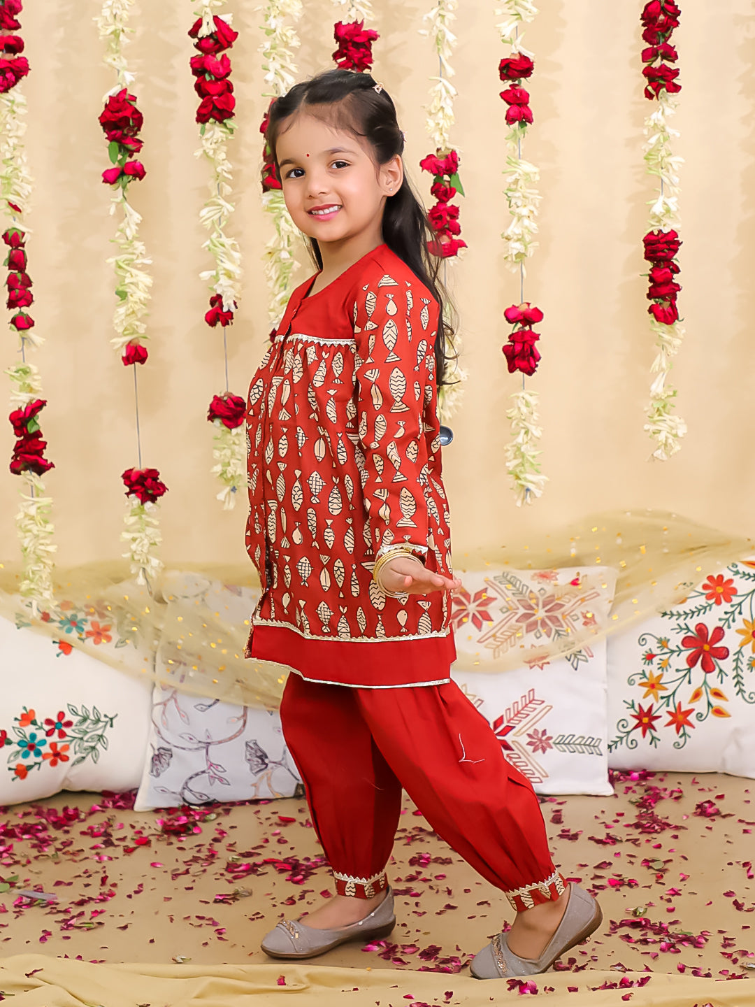 BownBee Festive Full Sleeves  Pure Cotton Suit Set For Girls-Maroon