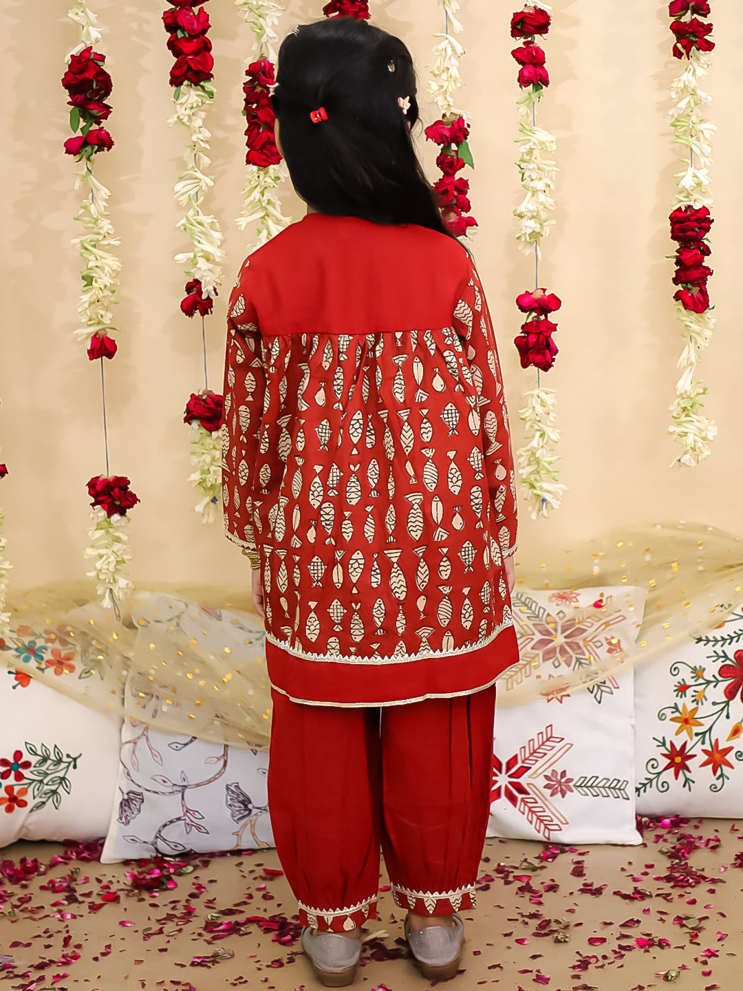 BownBee Festive Full Sleeves  Pure Cotton Suit Set For Girls-Maroon