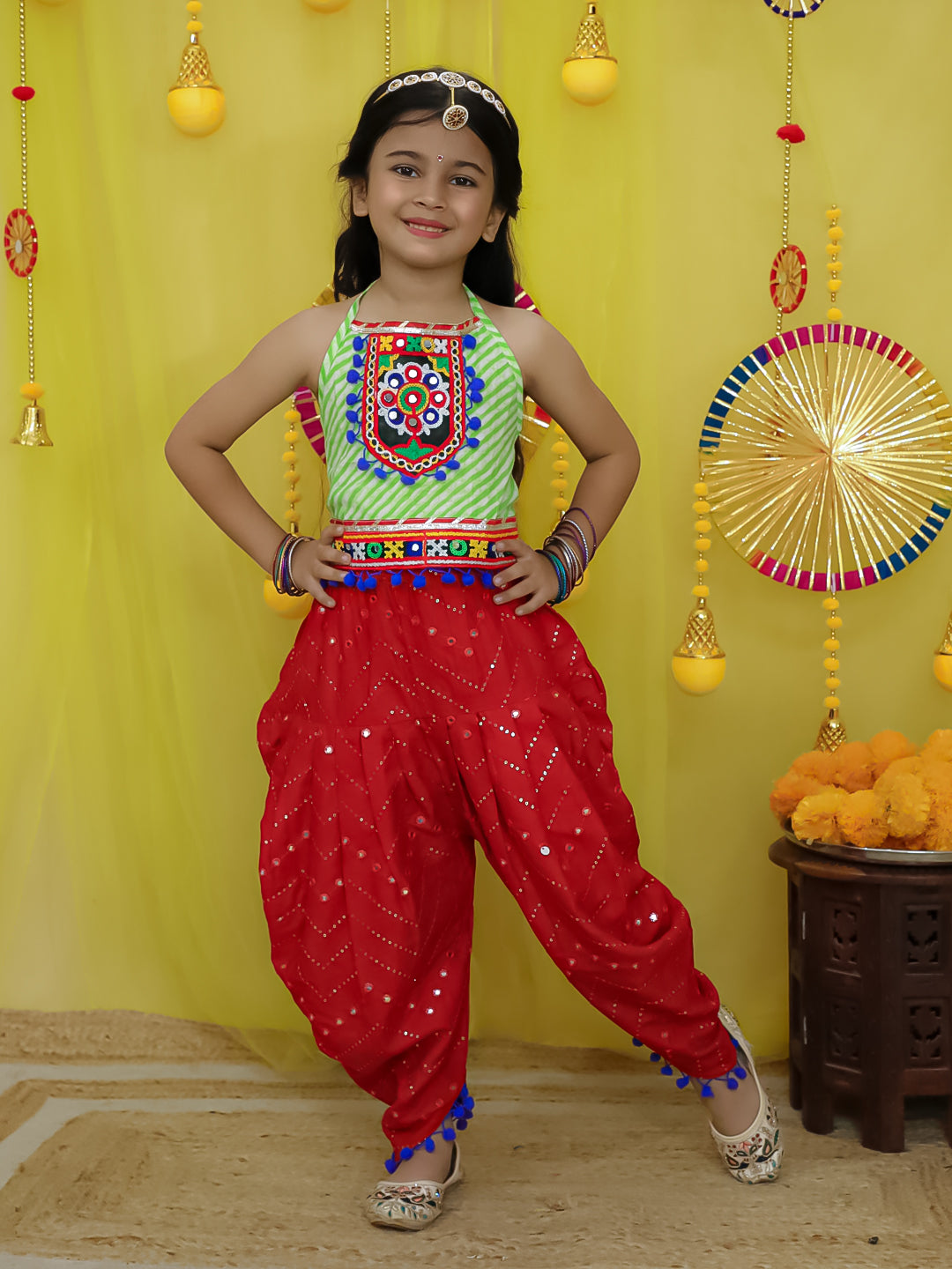 BownBee Pure Cotton Embroidered Choli With Mirror Work Dhoti For Girls - Green