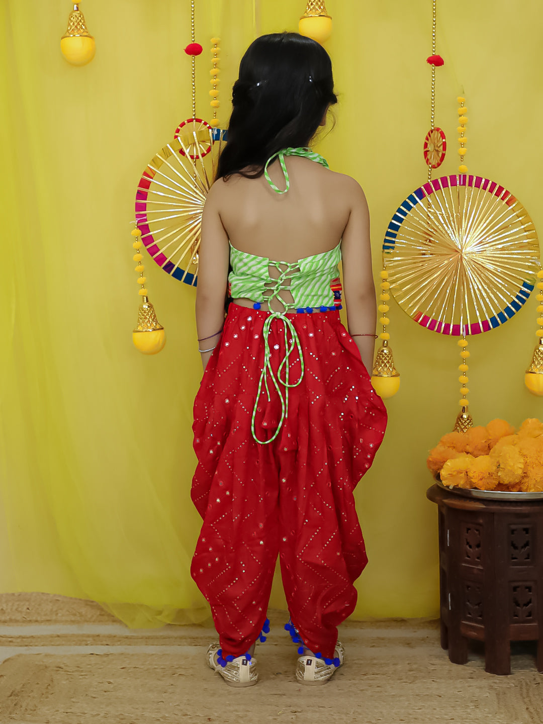 BownBee Pure Cotton Embroidered Choli With Mirror Work Dhoti For Girls - Green