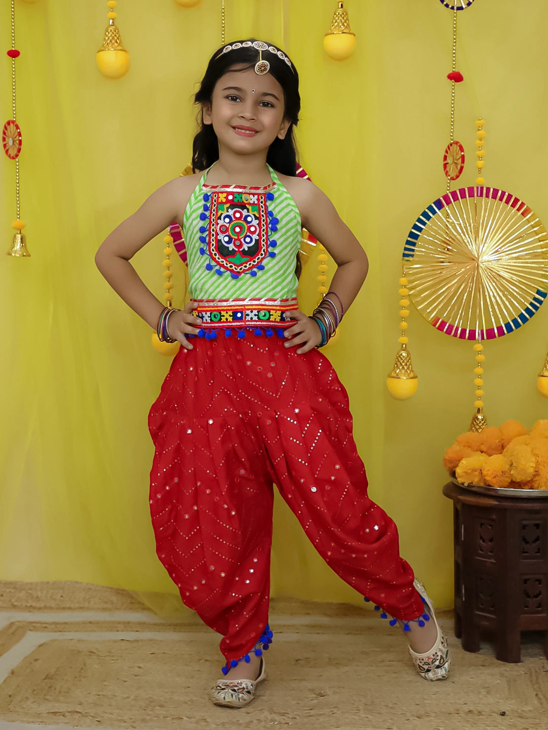BownBee Pure Cotton Embroidered Choli With Mirror Work Dhoti For Girls