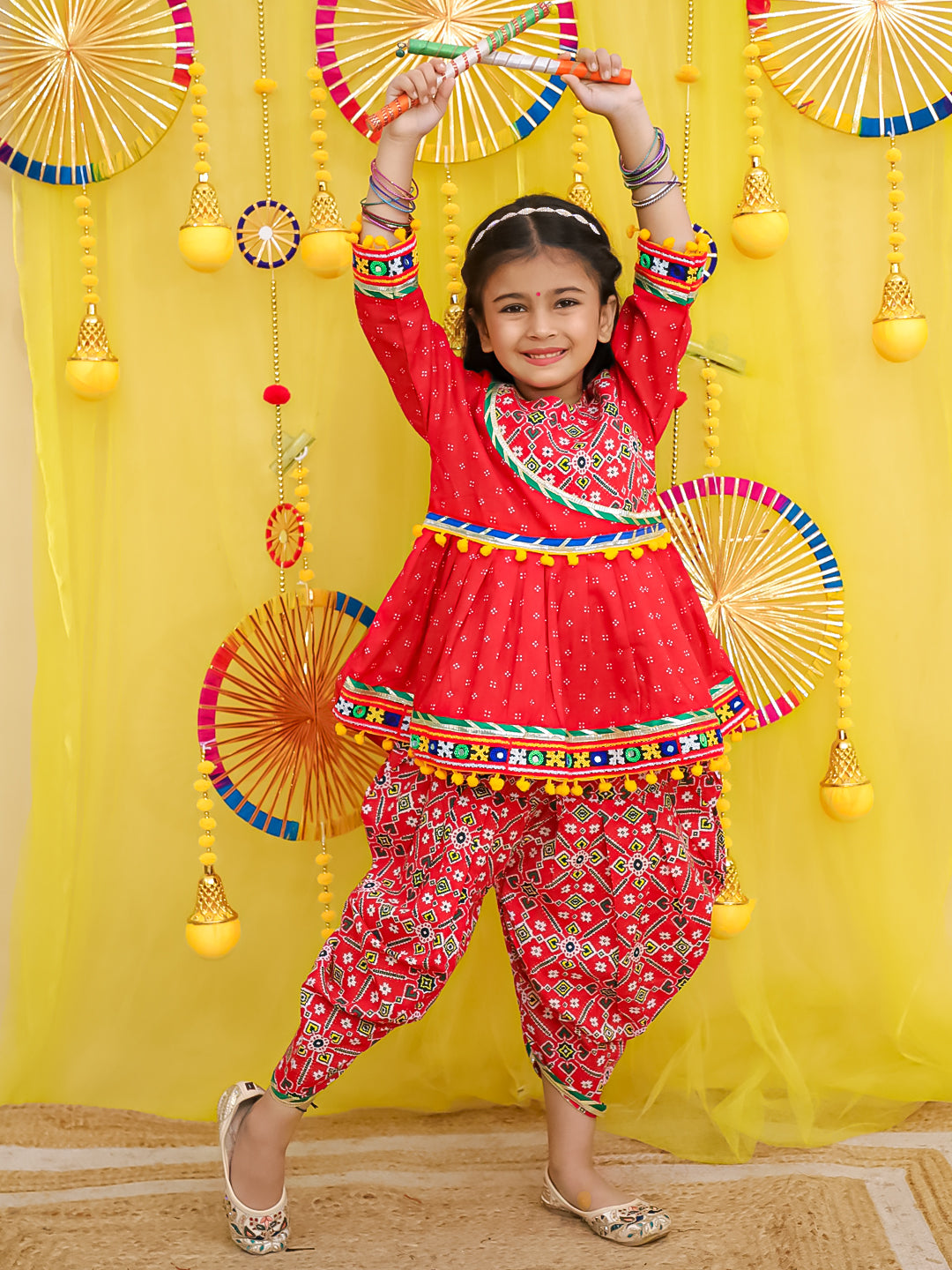 BownBee Pure Cotton Embroidered Navratri Kedia With Dhoti For Girls - Yellow