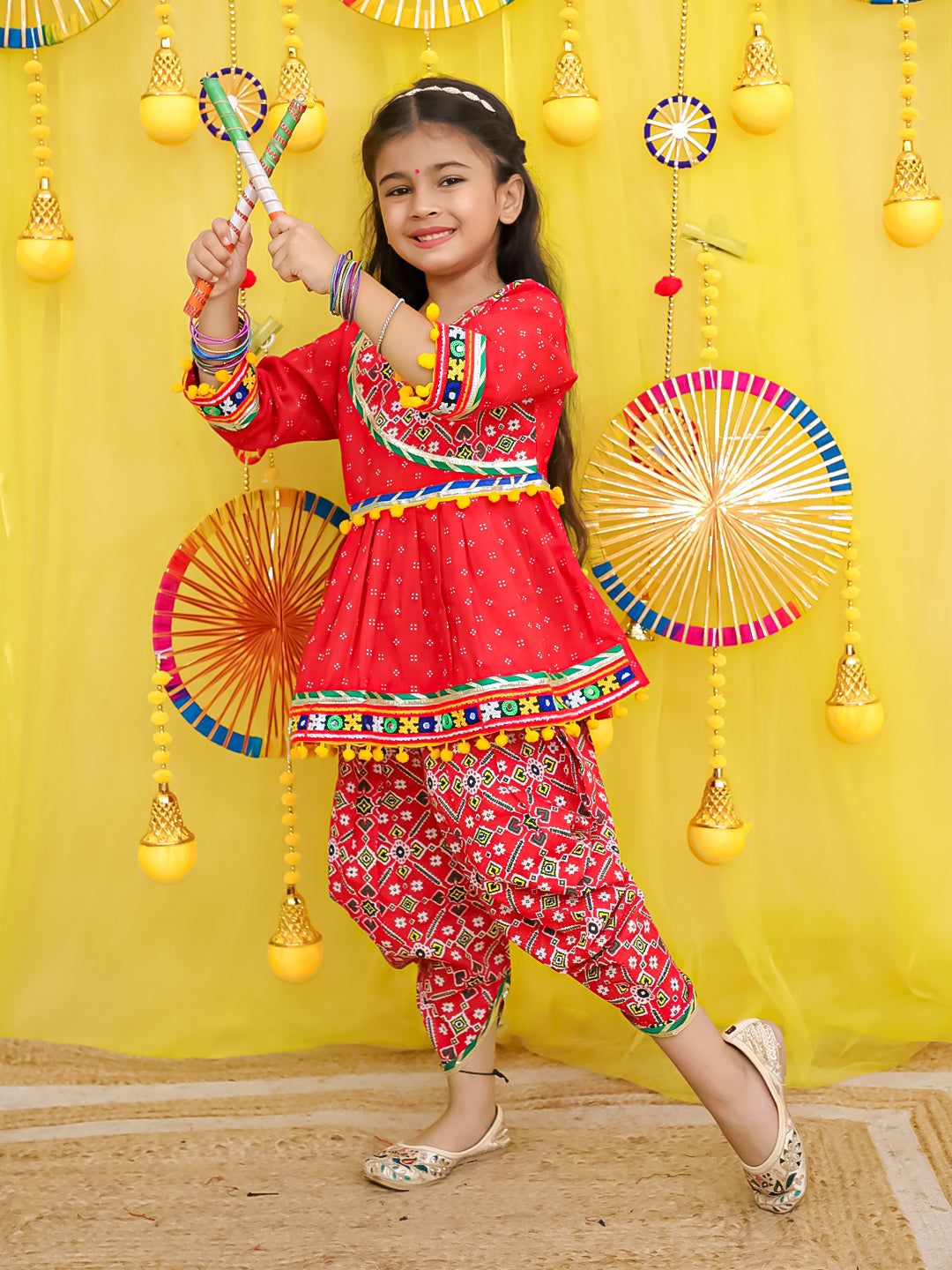 BownBee Pure Cotton Embroidered Navratri Kedia With Dhoti For Girls - Yellow
