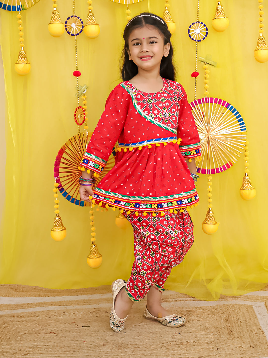 BownBee Pure Cotton Embroidered Navratri Kedia With Dhoti For Girls - Yellow