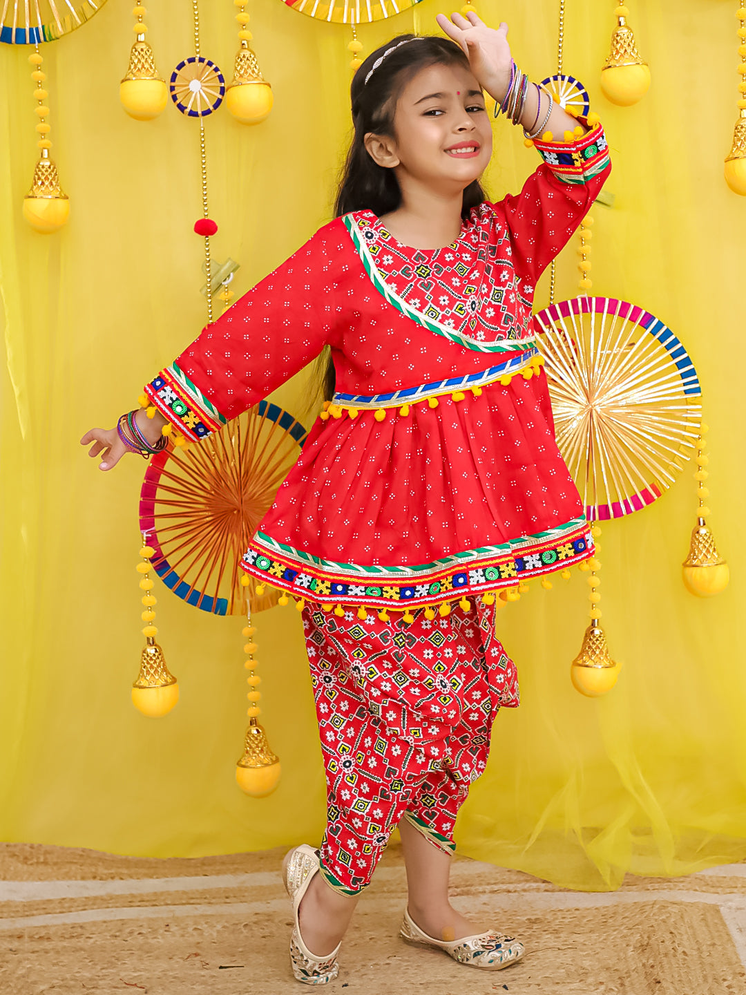BownBee Pure Cotton Embroidered Navratri Kedia With Dhoti For Girls - Yellow