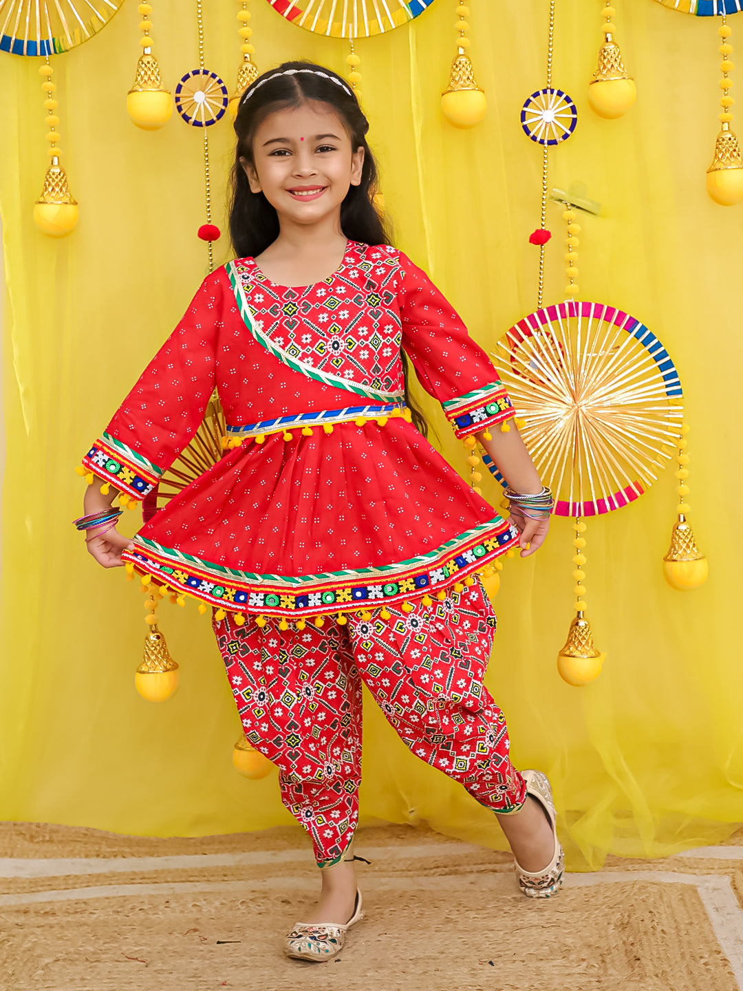 BownBee Pure Cotton Embroidered Navratri Kedia With Dhoti For Girls - Yellow