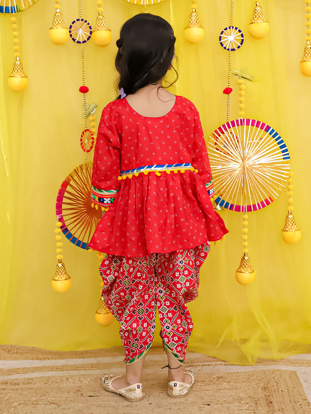 BownBee Pure Cotton Embroidered Navratri Kedia With Dhoti For Girls - Yellow