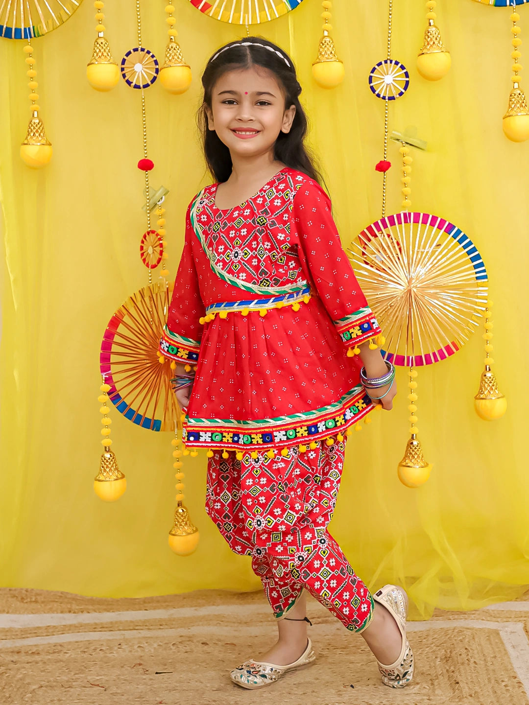 BownBee Pure Cotton Embroidered Navratri Kedia With Dhoti For Girls