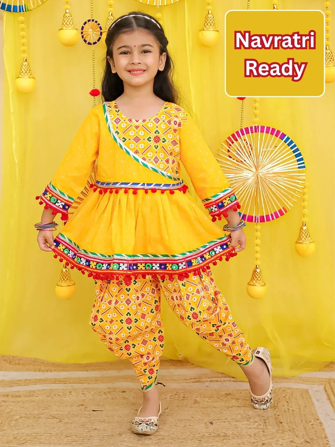 BownBee Pure Cotton Embroidered Navratri Kedia With Dhoti For Girls