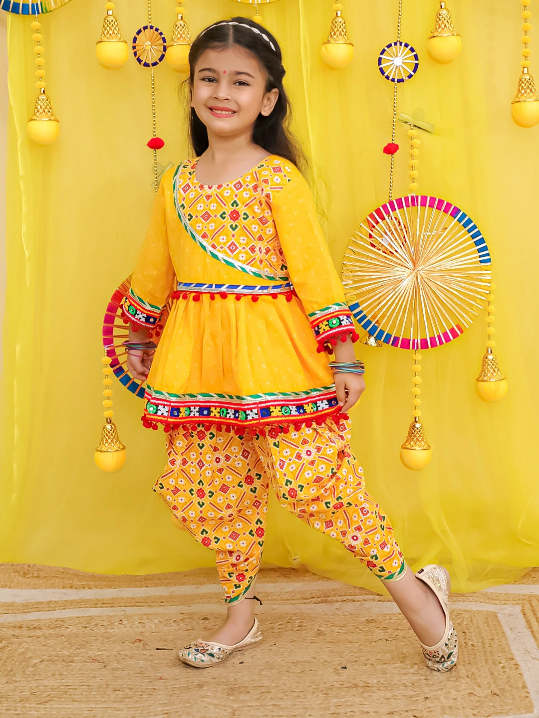 BownBee Pure Cotton Embroidered Navratri Kedia With Dhoti For Girls