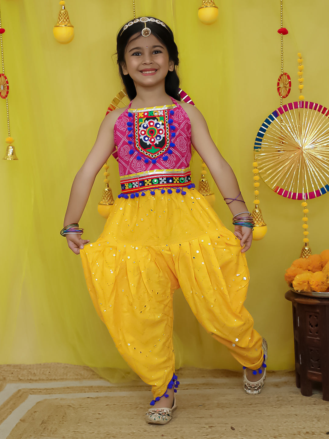 BownBee Pure Cotton Embroidered Navratri Kedia With Dhoti For Girls - Yellow