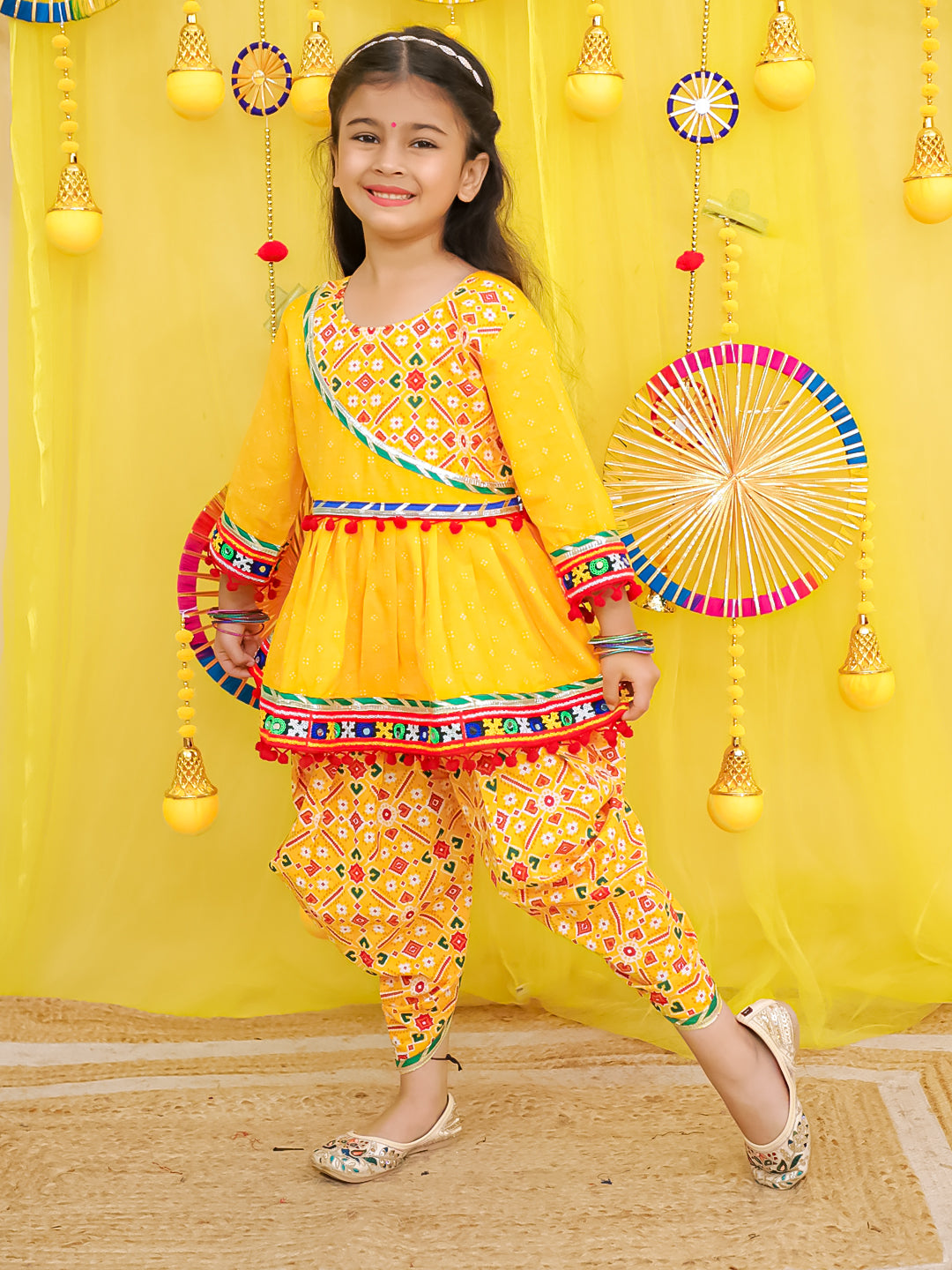 BownBee Pure Cotton Embroidered Navratri Kedia With Dhoti For Girls - Yellow