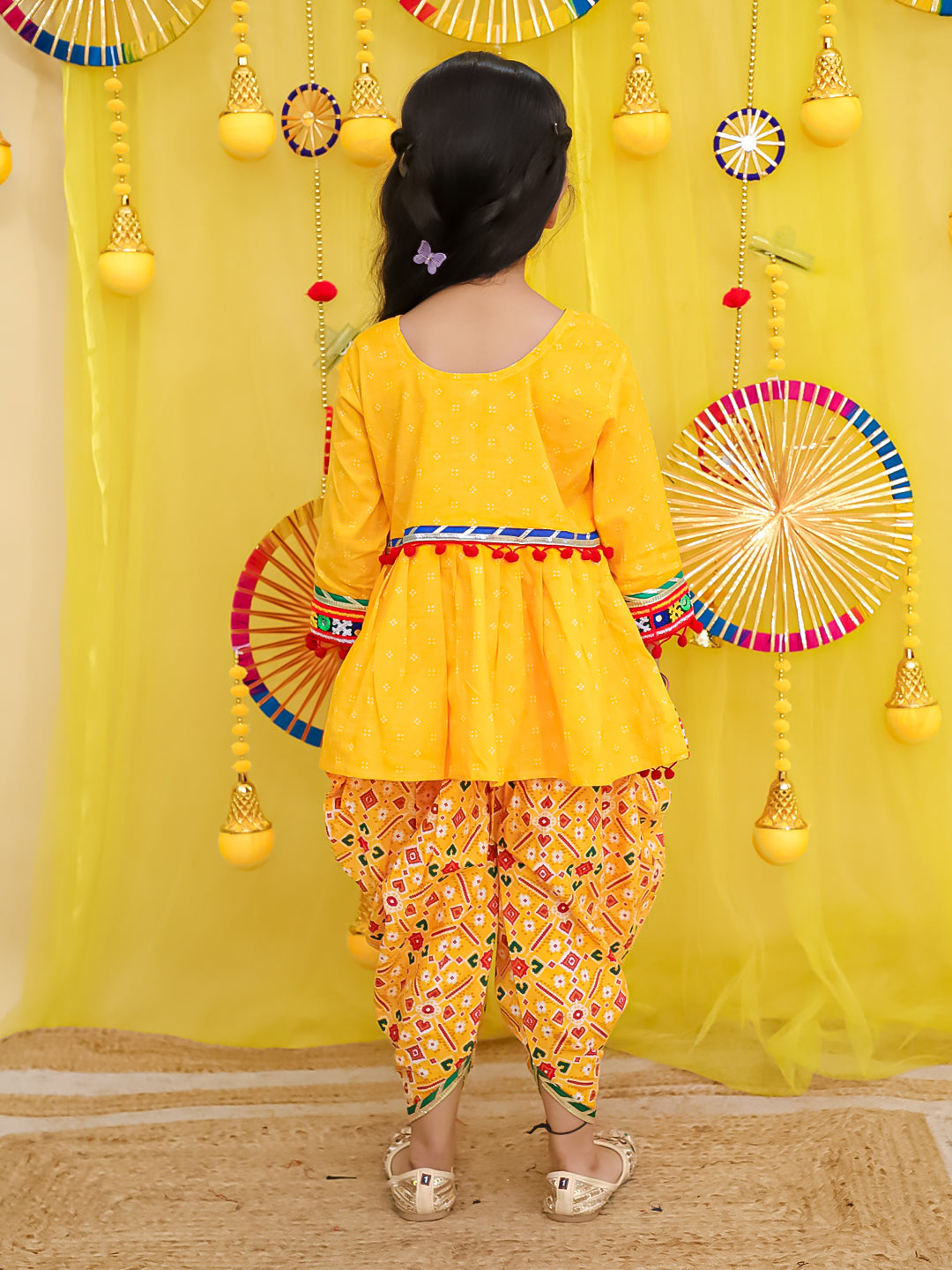 BownBee Pure Cotton Embroidered Navratri Kedia With Dhoti For Girls - Yellow