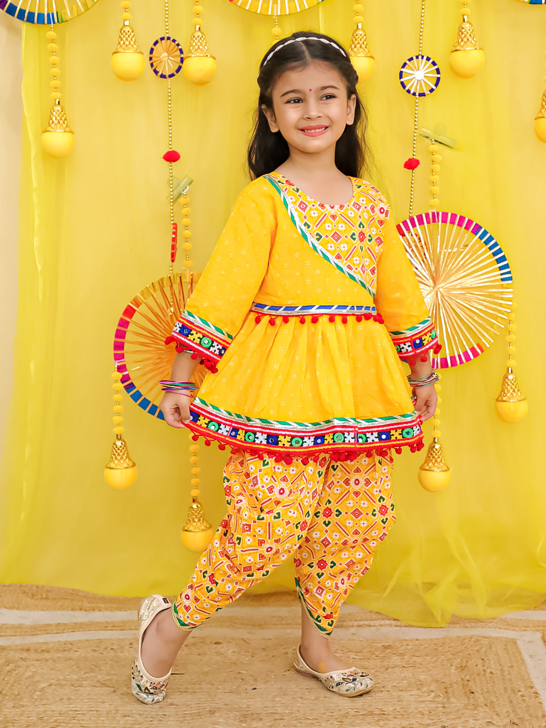 BownBee Pure Cotton Embroidered Navratri Kedia With Dhoti For Girls - Yellow
