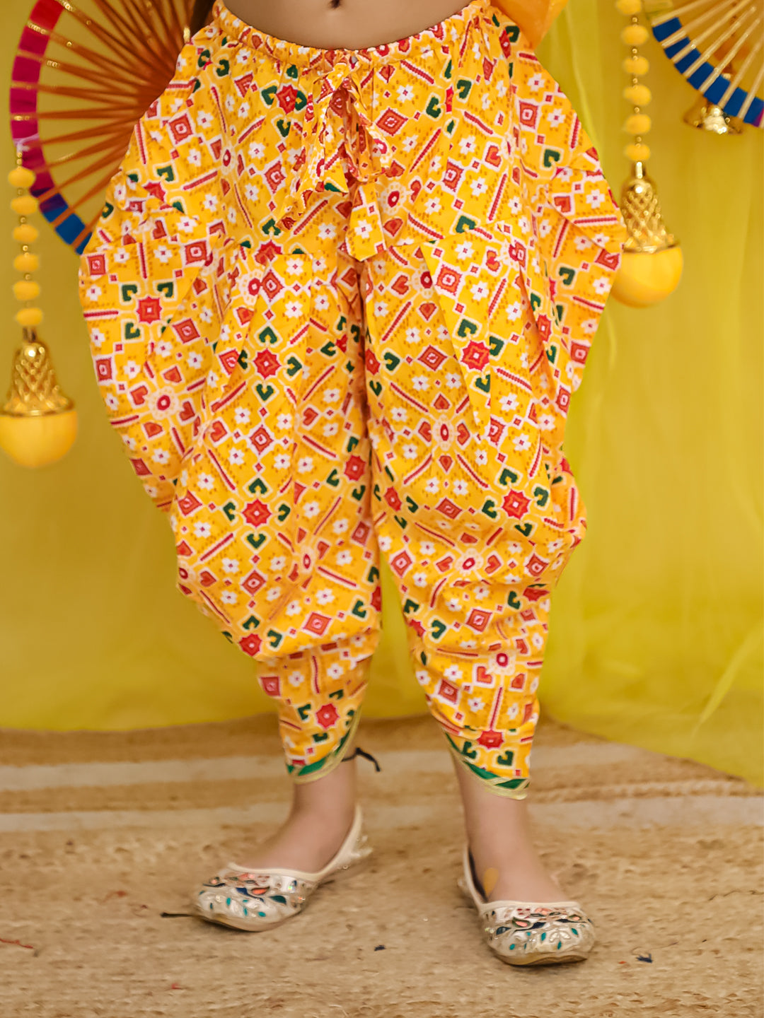 BownBee Pure Cotton Embroidered Navratri Kedia With Dhoti For Girls - Yellow