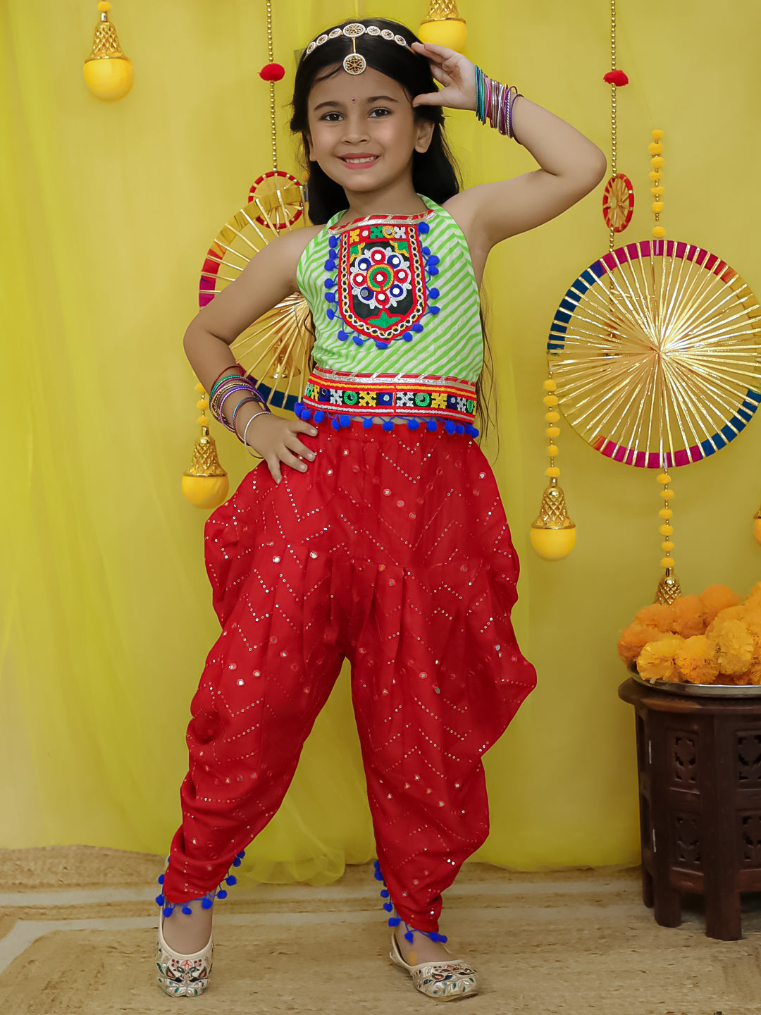 BownBee Pure Cottn Embroidered Choli With Mirror Work Dhoti For Girls - Green (Pre-Order)