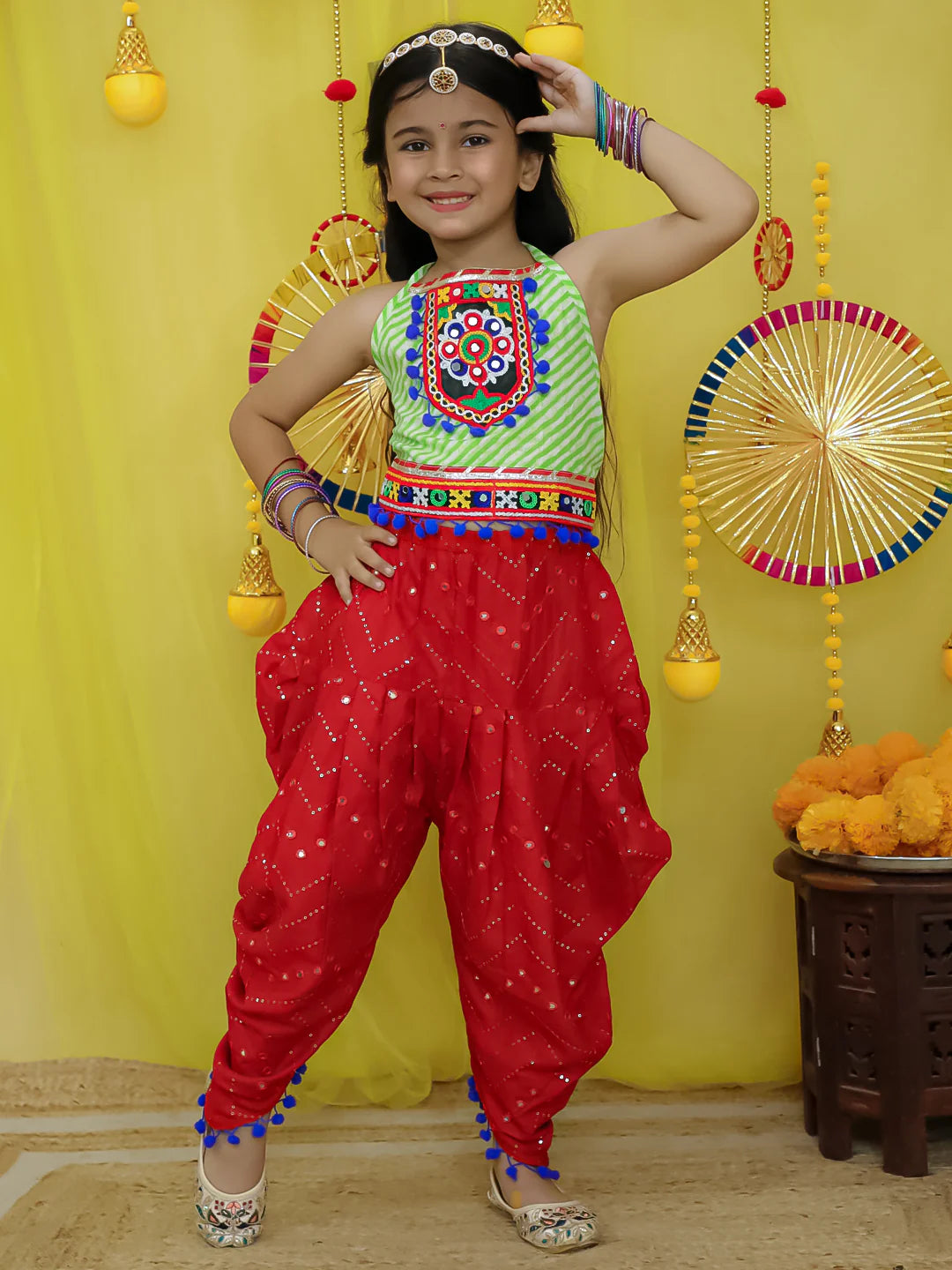 BownBee Pure Cottn Embroidered Choli With Mirror Work Dhoti For Girls
