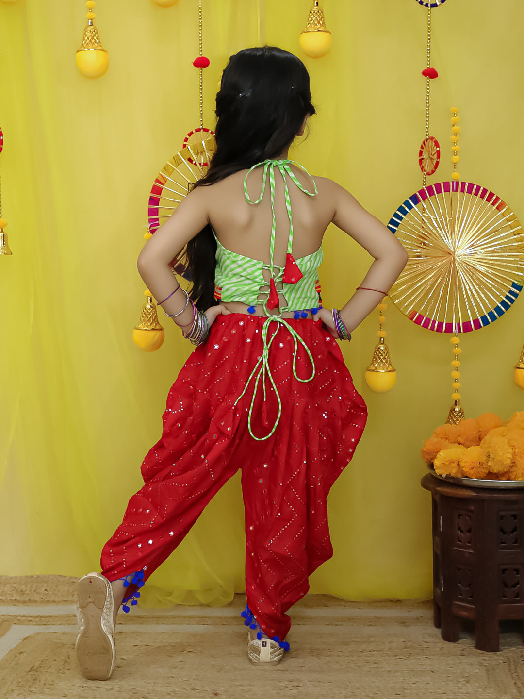BownBee Pure Cottn Embroidered Choli With Mirror Work Dhoti For Girls - Green (Pre-Order)