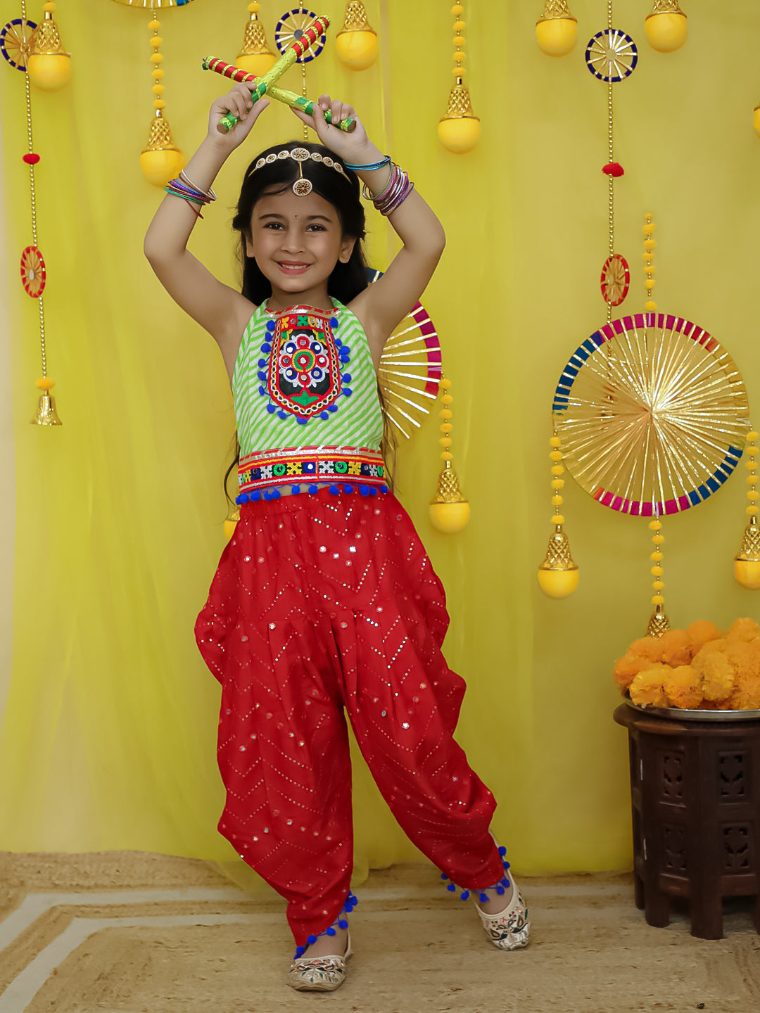 BownBee Pure Cottn Embroidered Choli With Mirror Work Dhoti For Girls - Green (Pre-Order)
