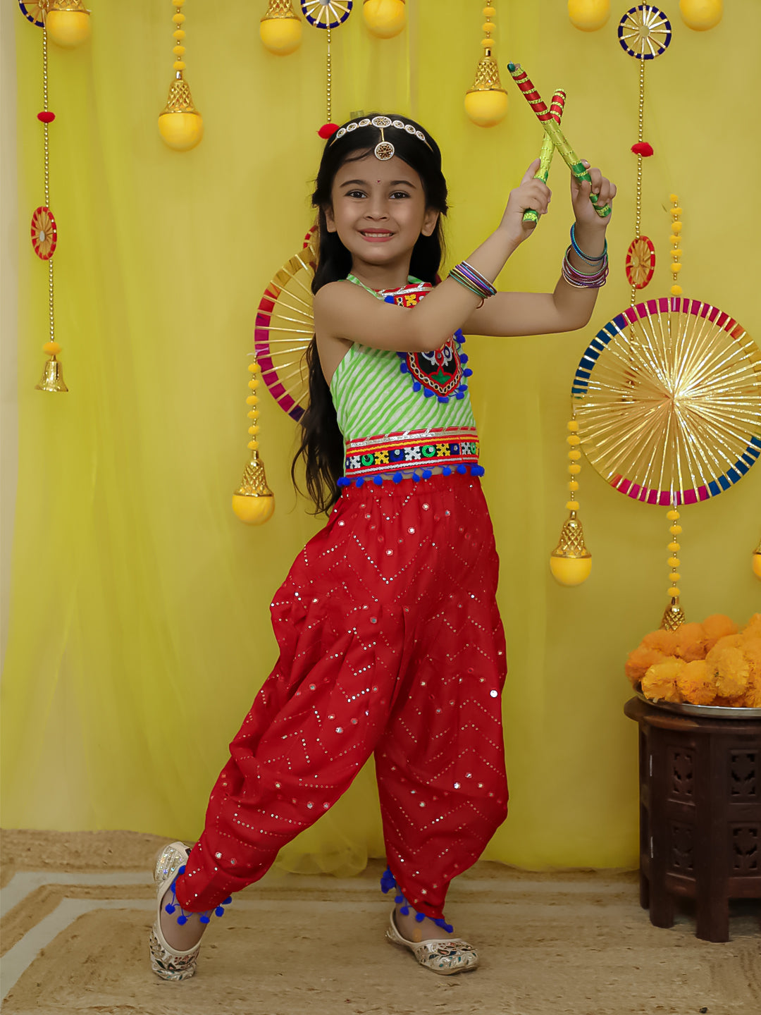 BownBee Pure Cottn Embroidered Choli With Mirror Work Dhoti For Girls - Green (Pre-Order)
