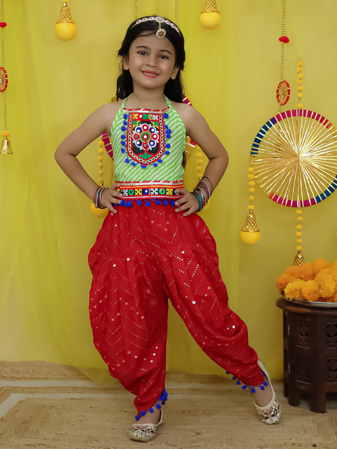 BownBee Pure Cottn Embroidered Choli With Mirror Work Dhoti For Girls - Green (Pre-Order)