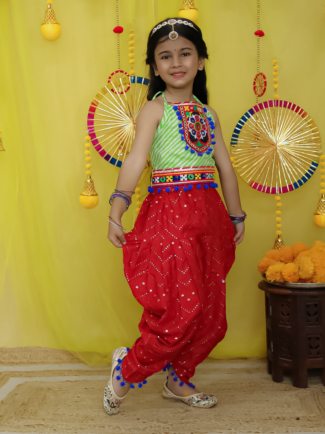 BownBee Pure Cottn Embroidered Choli With Mirror Work Dhoti For Girls - Green (Pre-Order)