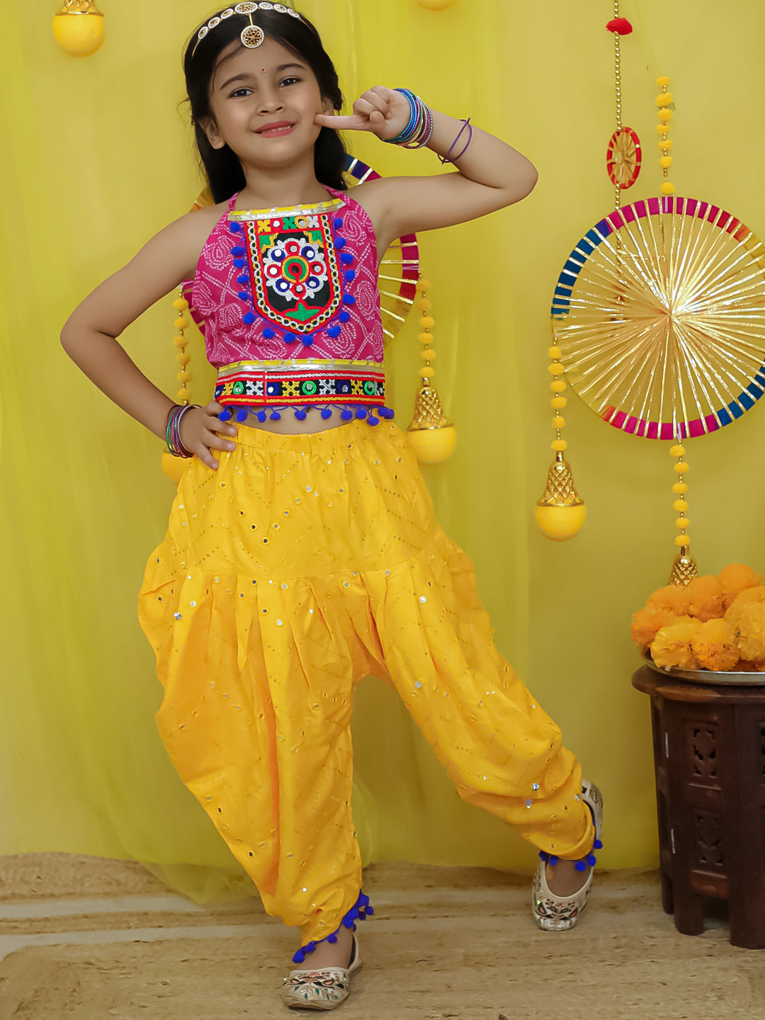BownBee Pure Cottn Embroidered Choli With Mirror Work Dhoti For Girls - Green (Pre-Order)
