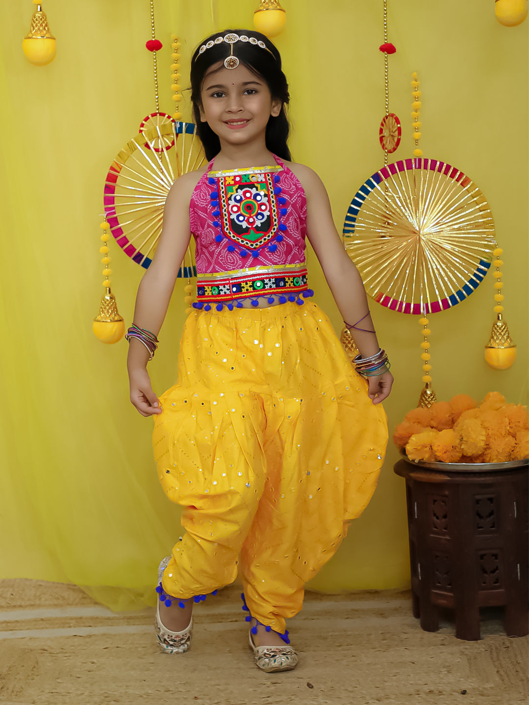 BownBee Pure Cottn Embroidered Choli With Mirror Work Dhoti For Girls - Green (Pre-Order)