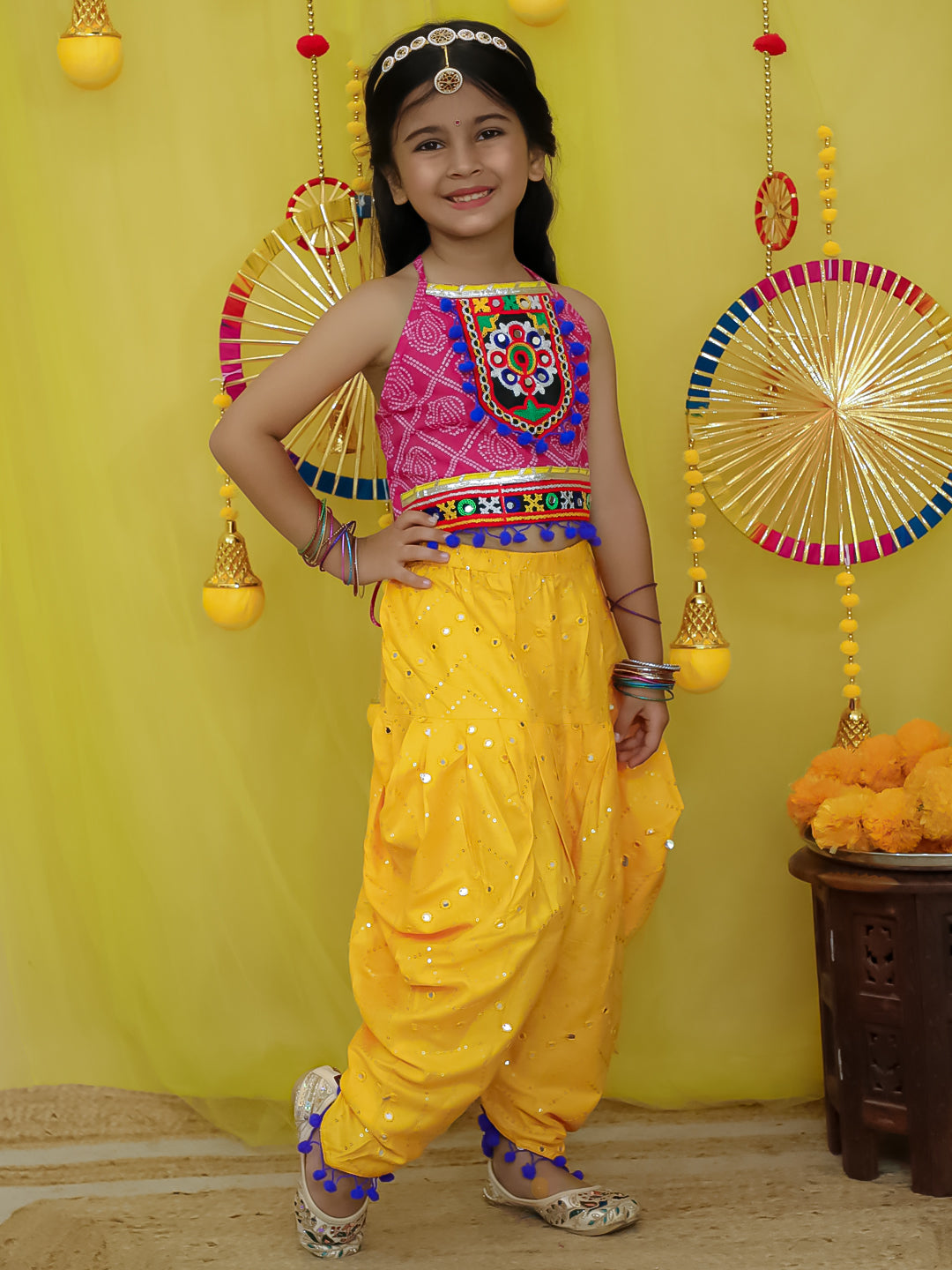 BownBee Pure Cottn Embroidered Choli With Mirror Work Dhoti For Girls - Green (Pre-Order)