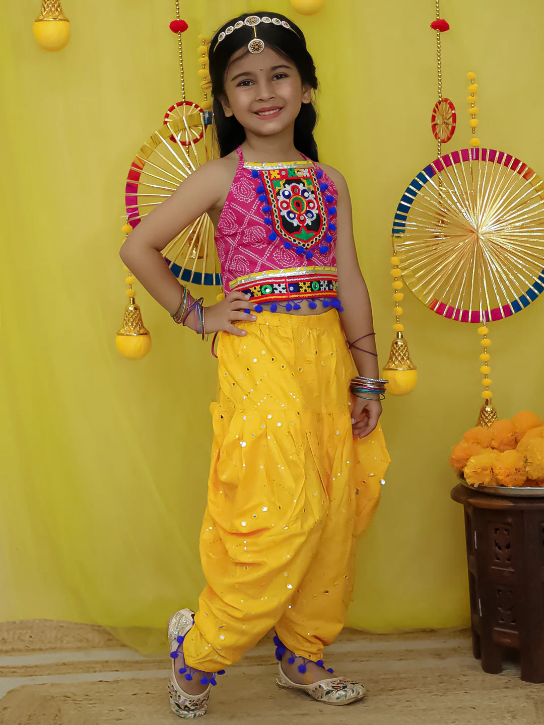 BownBee Pure Cottn Embroidered Choli With Mirror Work Dhoti For Girls