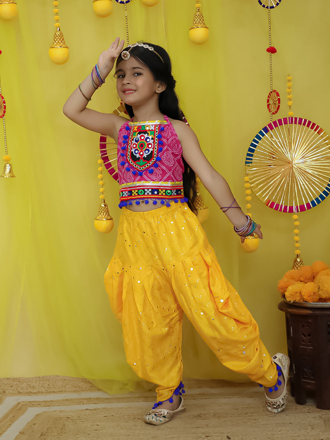 BownBee Pure Cottn Embroidered Choli With Mirror Work Dhoti For Girls - Green (Pre-Order)