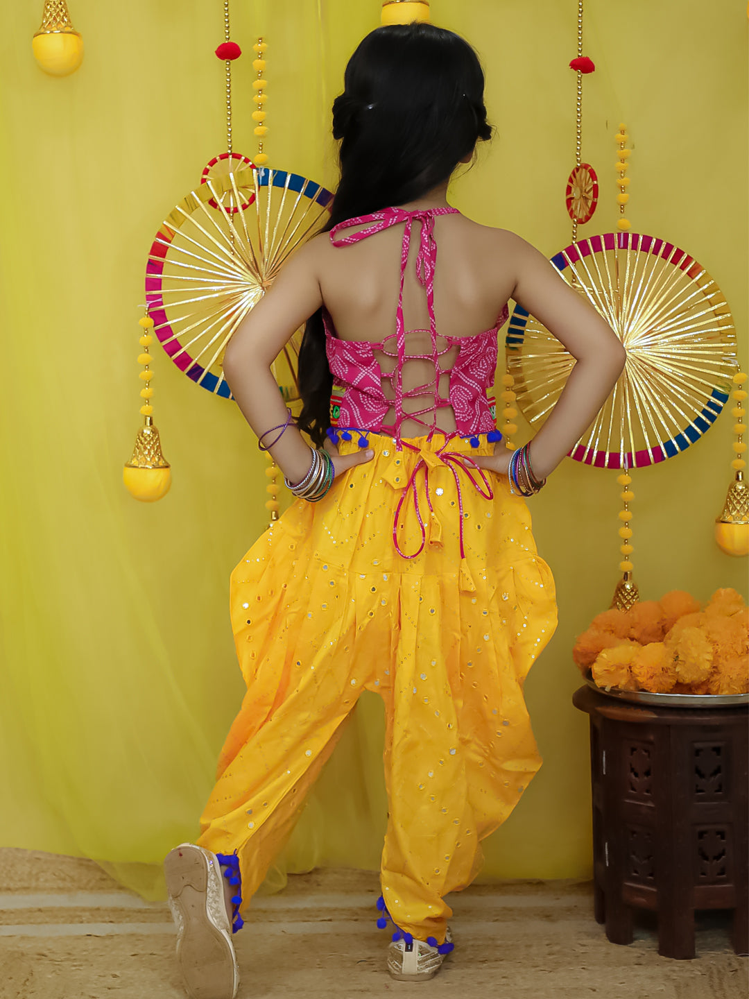 BownBee Pure Cottn Embroidered Choli With Mirror Work Dhoti For Girls - Green (Pre-Order)