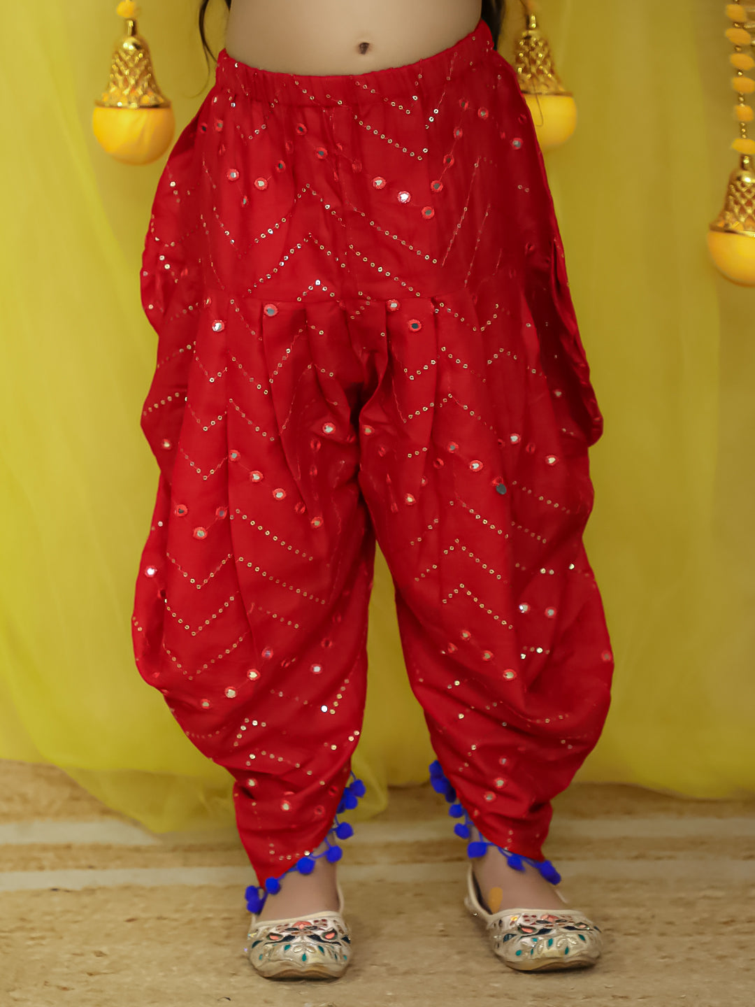 BownBee Pure Cottn Embroidered Choli With Mirror Work Dhoti For Girls - Green (Pre-Order)
