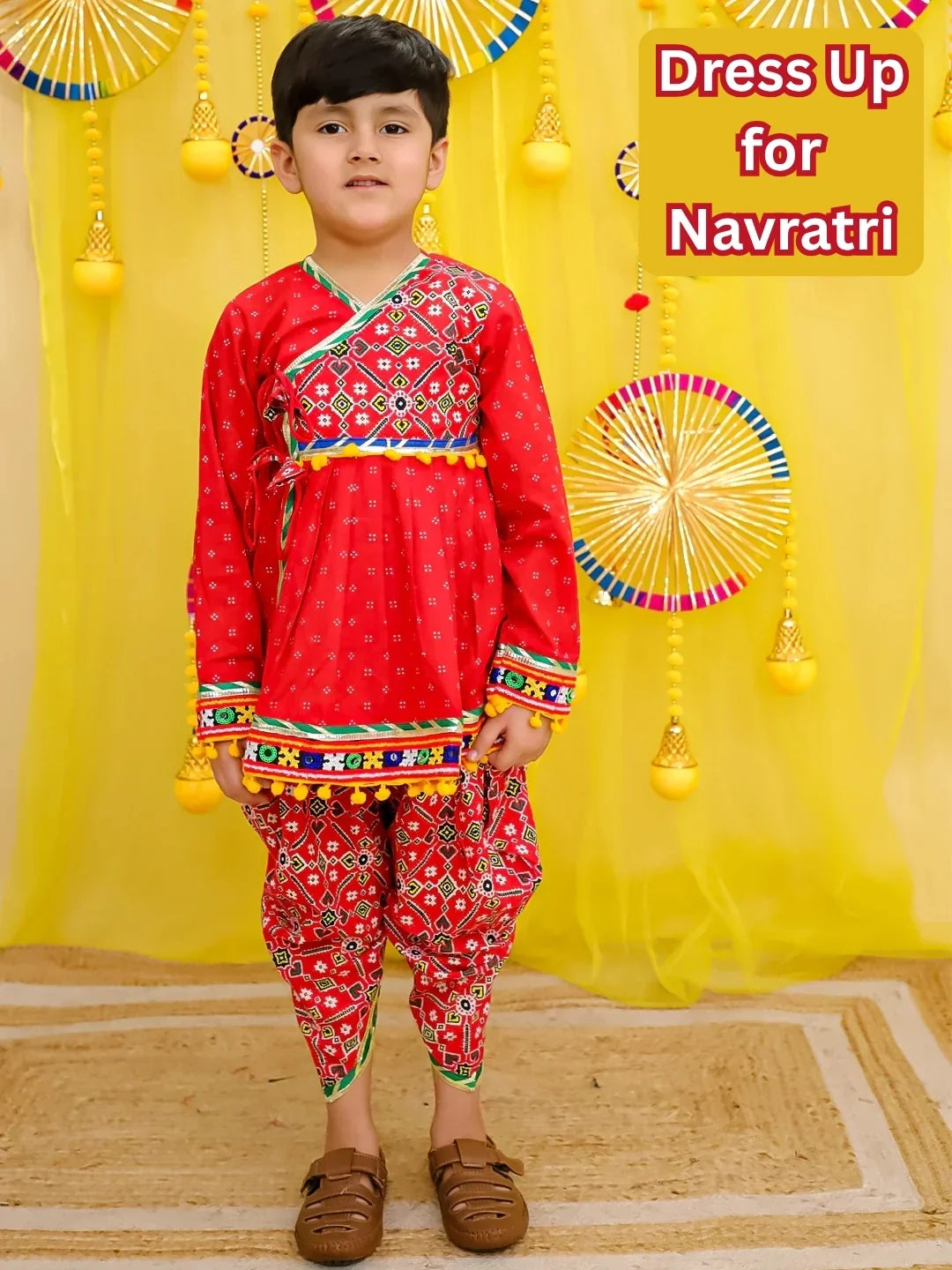 BownBee Pure Cotton Embroidered  Navratri Angarakha Style Kedia With Dhoti For Boys